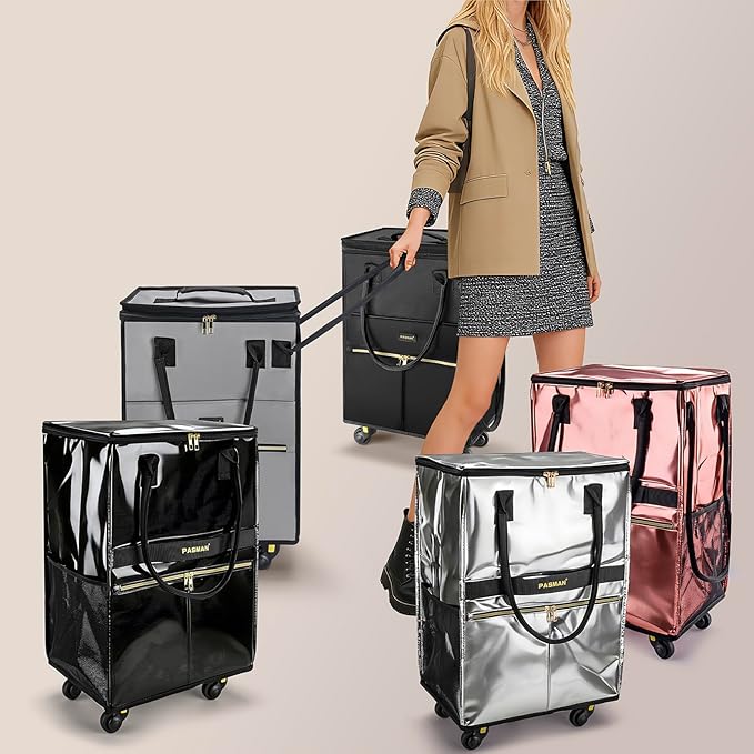 Reusable Grocery Bag on 5 Wheels, Foldable Rolling Tote Bag with Handle and Zipper Cover, Heavy Duty Shopping Cart for Laundry, Market & Travel (Pink, Medium_67L)