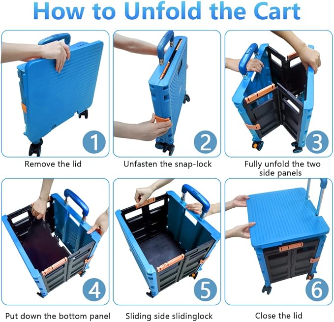 FELICON SELORSS Foldable Utility Cart Folding Portable Rolling Crate Handcart with Durable Heavy Duty Telescoping Handle Collapsible 4 Rotate Wheels for Travel Shop Move Luggage Laundry (Light Blue)