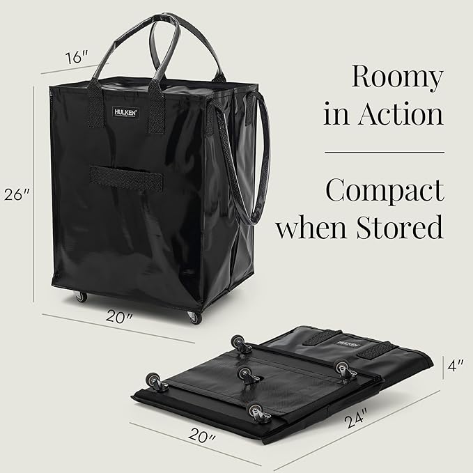 HULKEN - Large, Black - Reusable Grocery Bag On Wheels, Shopping Trolley, Rolling Tote, Zipper Closure, Lightweight, Carries Up to 66 lb & Fits 5 Grocery Bags, Folds Flat, Unbreakable Handles