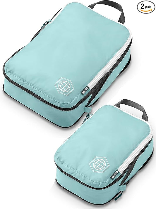 Compression Packing Cubes for Travel, 2-Piece Lightweight Packing Cubes Set for Carry-On Luggage & Backpacks – TRIPPED Travel Gear (Dusty Teal/White)