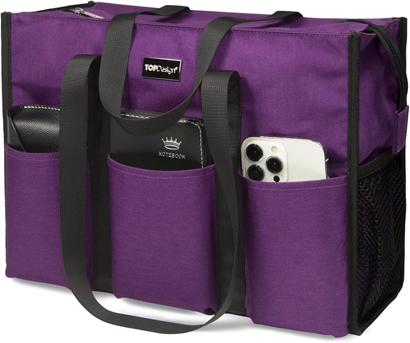 TOPDesign Utility Water Resistant Tote Bag with 13 Pockets, Top Zipper Closure & Thick Bottom Support, for Working Women
