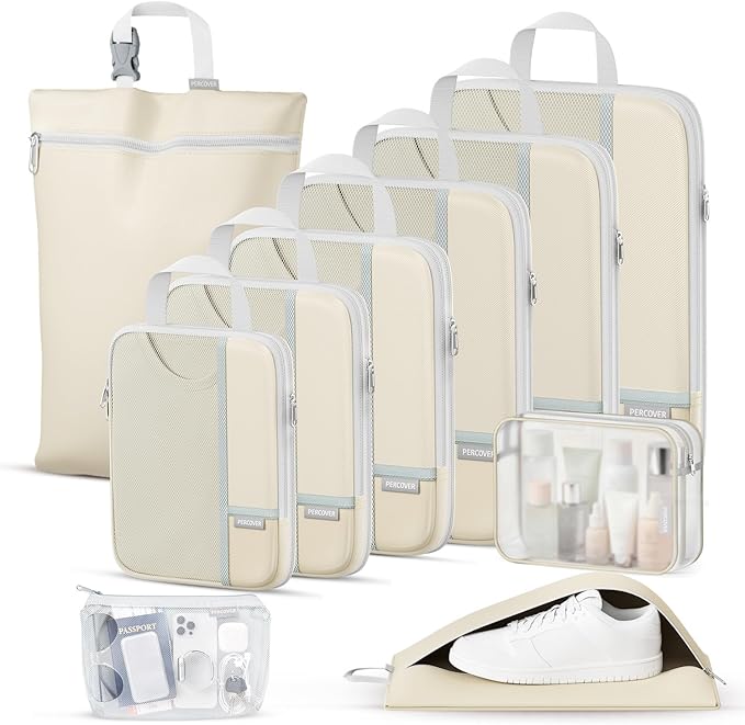 Percover Compression Packing Cubes for Travel, 10-Piece Structured Compression Organizer Set with Toiletry Bag, Laundry Bag & Shoe Bag for Carry-On & Checked Luggage, Beige