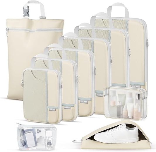 Percover Compression Packing Cubes for Travel, 10-Piece Structured Compression Organizer Set with Toiletry Bag, Laundry Bag & Shoe Bag for Carry-On & Checked Luggage, Beige