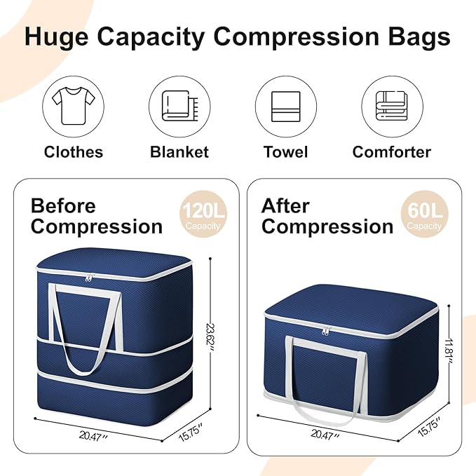 Comforter Storage Bag - 120L Bedding Storage Bags for Moving Closet, Washable Blanket Storage Bag, Ultra Space Saving Self Compression Organizer, 4-Pack, Navy Blue