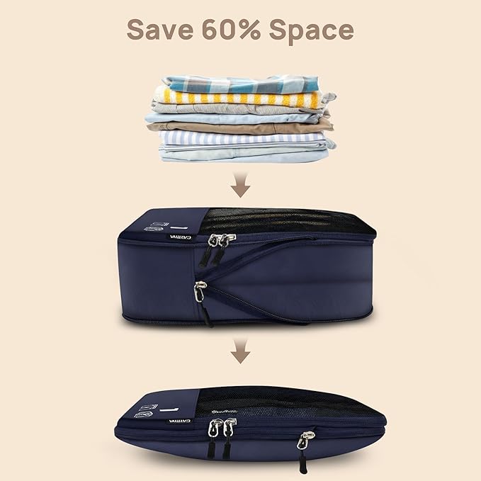 7 Set Compression Packing Cubes for Travel, Luggage Organizer Bags for Suitcases with Mesh Panels, Shoe Bag & Toiletry Bag for Carry On, Vacation & Cruise Essentials (Navy Blue)