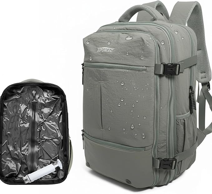 Vacuum Compression Backpack, Carry-On Size Travel Backpack with Vacuum System and Pump, Expands to 55L Packing Capacity, Fits 17” Laptop & 5–7 Days of Clothes, Water-Resistant Compression Backpack