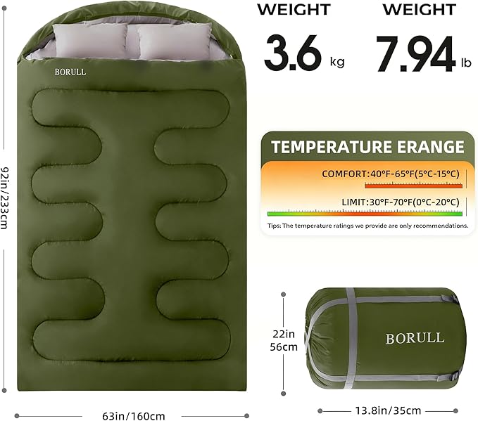 Double Sleeping Bags for Adults with Pillows Queen Size XL Camping Waterproof Sleeping Bag with Compression Sack for Kids for Hiking Backpacking 2 Person Cold Warm Weather Outdoor Indoor