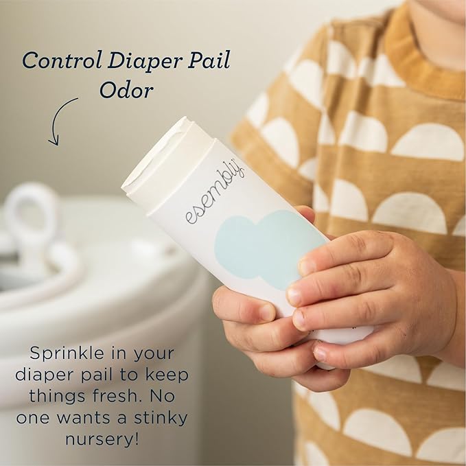 Esembly Pail Deodorant, Shakable Powder Deodorizer for Diaper Pails, Keeps Diapers, Gym Clothes and Dirty Laundry Smelling Fresh, Scents of Rosemary, Lemon and Grapefruit, 4oz