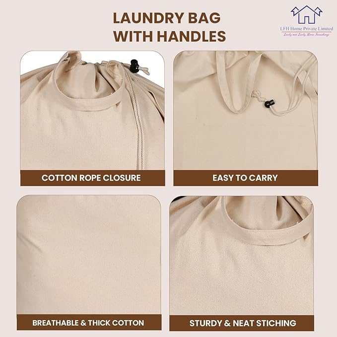LFH Home 100% Cotton Canvas Extra Large Laundry Bag with Drawstring and Handles Heavy Duty, Multi-Use, and Washable for Home, Travel, College or Storage 24x36 (Pack of 4)-Natural