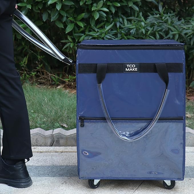 Reusable Grocery Bag on Wheels, (Medium, DK Blue) Rolling Shopping Bags with Wheels and Handle, Folding Rolling Tote Trolley, 3 Pockets and Zipper Cover, Carries Up to 46 LBS