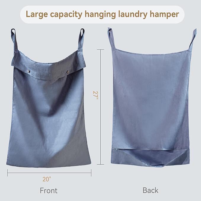 100% Linen Hanging Laundry Hamper Bag 20x27 Inch, Over the Door with 2 Buttons and Bottom Zipper Saving Space Wall Back organizers For Dirty Clothes Dorm Travel College Camp Sock Large Capacity,Blue