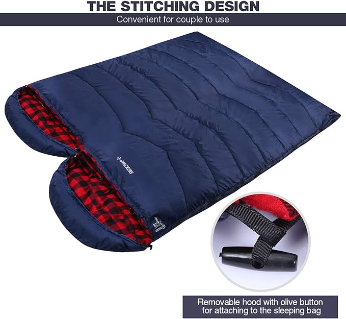 REDCAMP Flannel Sleeping Bag for Adults, Comfortable Cotton Envelope Sleeping Bags for Camping, Backpacking, Hiking, with Detachable Hood&Compression Sack, Blue/Red/Grey/Black