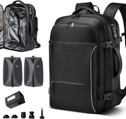 Vacuum Backpack Travel, 70L Expandable Carry On Backpack With Compression System, 2 Detachable TPU Vacuum Bags, TSA Lock, Water-Resistant, Fits 16" Laptop for Business & Travel