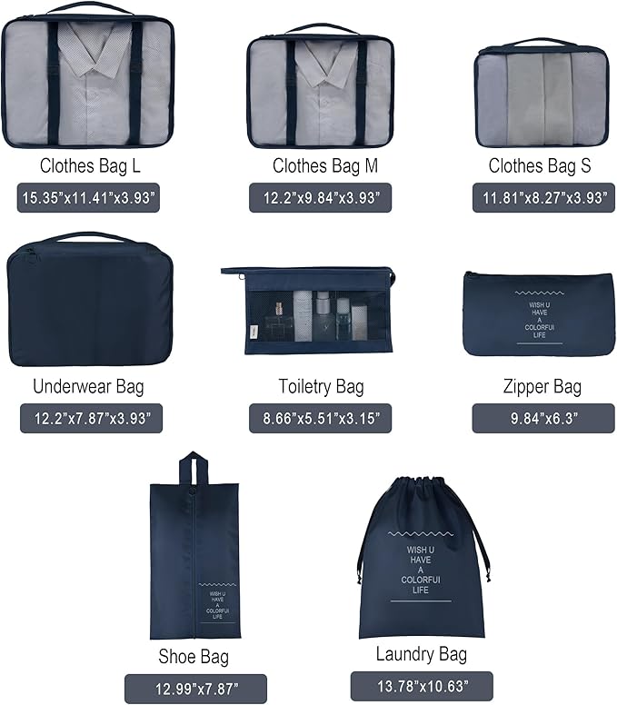 Vercord 8 Set Travel Packing Pods Luggage Organizers Cubes with Laundry Bags Accessories