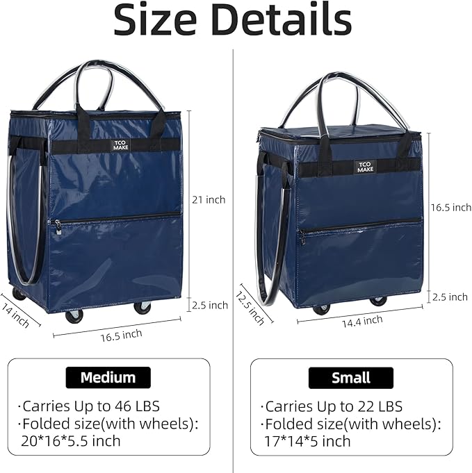Reusable Grocery Bag on Wheels, (Medium, DK Blue) Rolling Shopping Bags with Wheels and Handle, Folding Rolling Tote Trolley, 3 Pockets and Zipper Cover, Carries Up to 46 LBS
