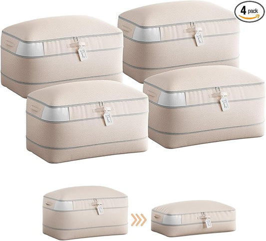 Homsorout Compression Storage Bags for Comforters - 4 Pack Long Large 100L Compression Bags, 3-Layer Washable Ultra Space Saving Self Comforter Storage Bag for Blankets, Sheets, Clothes, Beige