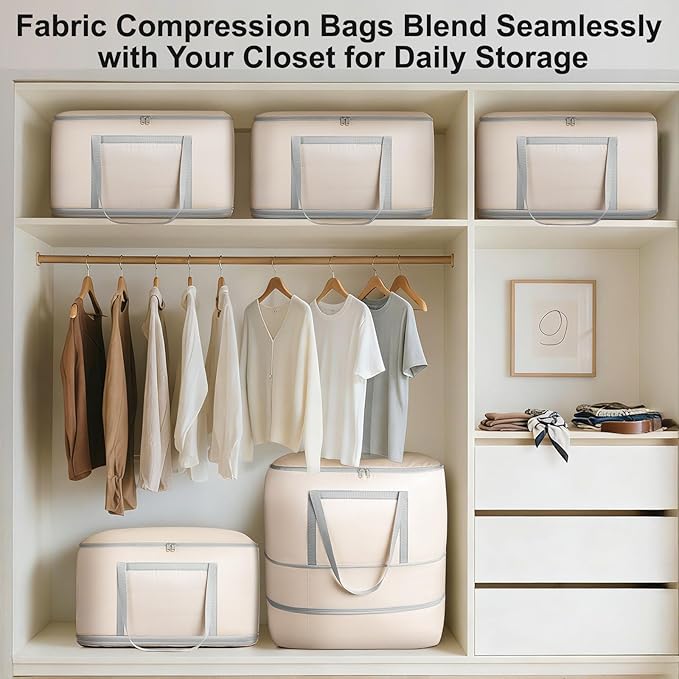 Comforter Storage Bag - 120L Bedding Storage Bags for Moving Closet, Washable Blanket Storage Bag, Ultra Space Saving Self Compression Organizer 4-Pack, Beige