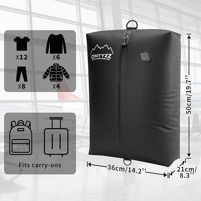 ONTYZZ Vacuum Bags for Travel, IPX8 Waterproof Space Saver Vacpack, GRS Certified Recycled Compression Bag with Pump (3PC Black)