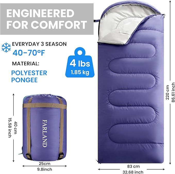 FARLAND Sleeping Bags for Adults, 3 Season Warm & Cool Weather, Lightweight Camping Sleeping Bag for Kids Family Camping Essentials with Compression Sack for Hiking