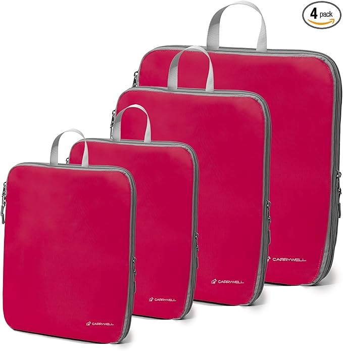 (Not Made In China) Compression Packing Cubes For Travel, Suitcase and Luggage Space Saver Organizer Bags, Lightweight, Waterproof Nylon, Durable, 4pc Set, Plum
