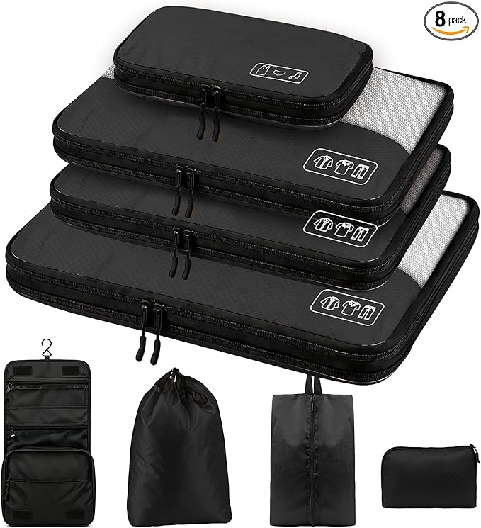8-Piece Compression Packing Cubes for Travel, Ultralight Sleek Luggage Organizer Set for Business Trips & Frequent Travelers, Space Saving for Carry-On & Suitcase - Black