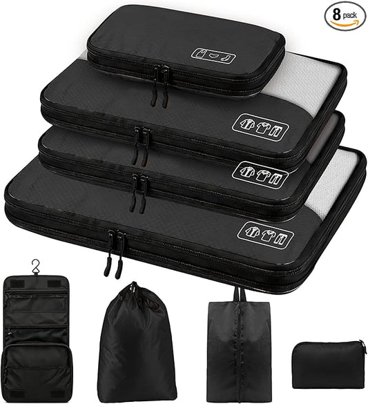 8-Piece Compression Packing Cubes for Travel, Ultralight Sleek Luggage Organizer Set for Business Trips & Frequent Travelers, Space Saving for Carry-On & Suitcase - Black