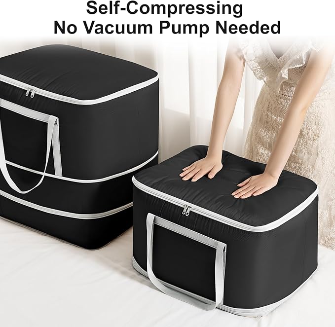 Comforter Storage Bag - 120L Bedding Storage Bags for Moving Closet, Washable Blanket Storage Bag, Ultra Space Saving Self Compression Organizer, 4-Pack, Black