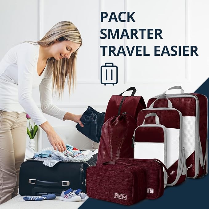 NICOSHOW 7 Set Compression Packing Cubes for Travel - Compressible, Lightweight, and Space-Saving Packing Cubes, Travel Essentials for Women, Wine