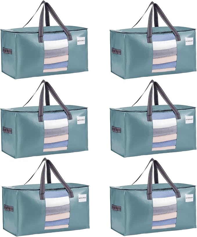 VENO 6 Pack Heavy Duty Moving Bags, Clothes and Comforter Storage Bags with Clear Window, College Dorm Essentials Packing Supplies, Foldable Boxes Alternative (Shiny Light Blue, 6 Pack)