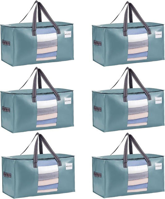 VENO 6 Pack Heavy Duty Moving Bags, Clothes and Comforter Storage Bags with Clear Window, College Dorm Essentials Packing Supplies, Foldable Boxes Alternative (Shiny Light Blue, 6 Pack)