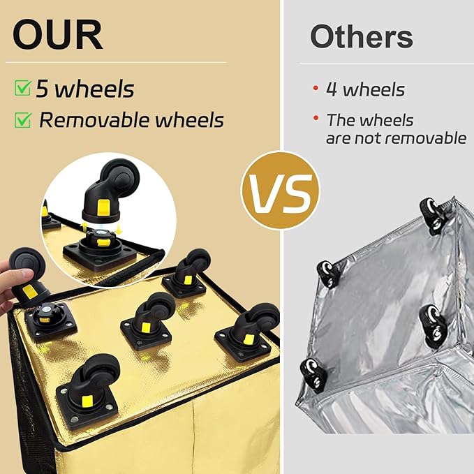 Reusable Grocery Bag on 5 Wheels, Foldable Rolling Tote Bag with Handle and Zipper Cover, 4 Pockets, Heavy Duty Shopping Cart for Laundry, Market & Travel (Gold 67L)