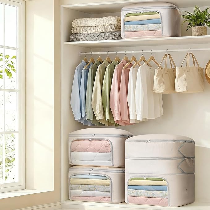 Comforter Storage Bag - Large Capacity Blanket Storage Bags Front-opening Ultra Space Saving Self Compression Organizer, Washable Compression Bags for Storage Comforter Blanket, 2 Pack, Beige