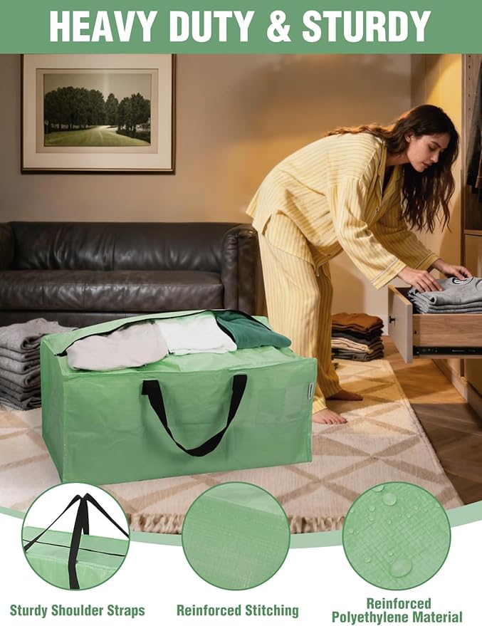 WORKPRO 10 Pack Extra Large Moving Bags with Zippers & Carrying Handles Backpack Straps, Heavy-Duty Storage Tote for Space Saving & Storage, Alternative to Moving Box (Green)