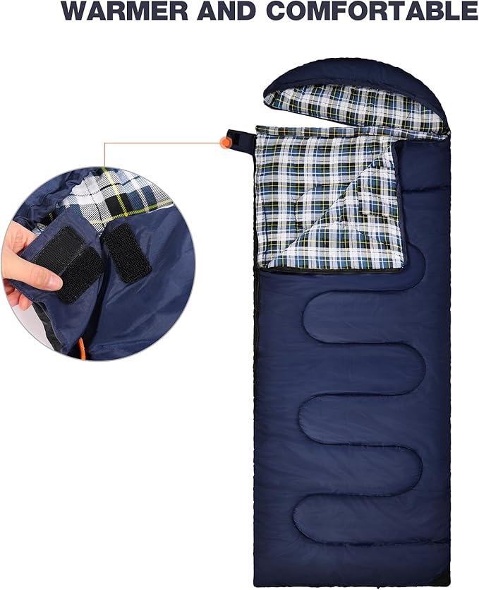 REDCAMP Flannel Sleeping Bag for Adults, Comfortable Cotton Envelope Sleeping Bags for Camping, Backpacking, Hiking, with Detachable Hood&Compression Sack, Blue/Red/Grey/Black