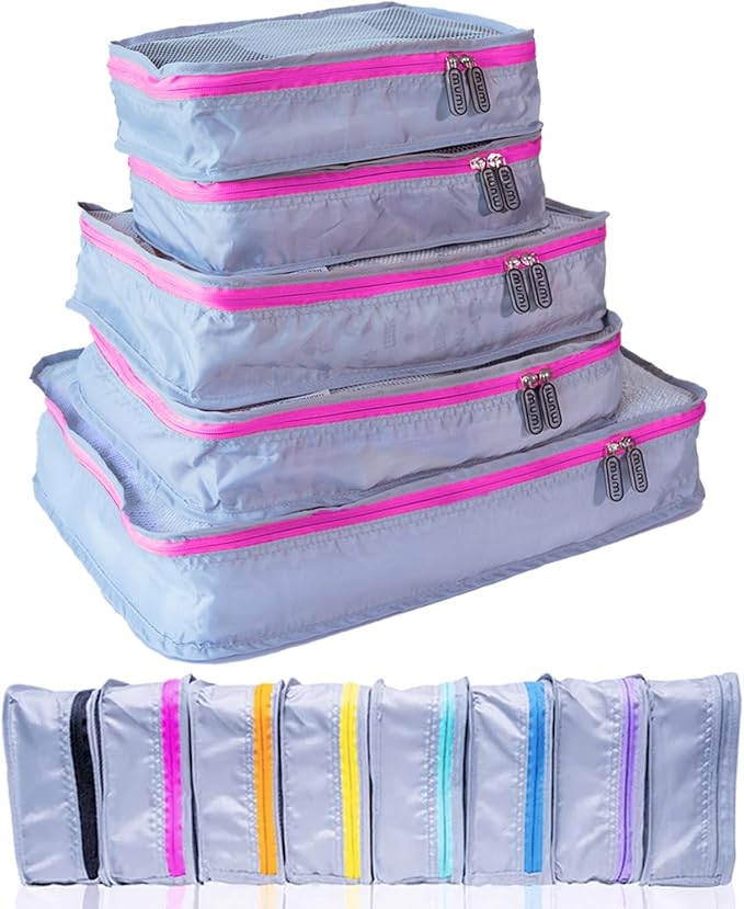 MUMI Packing Cubes - 5 Compression Packing Cubes for Travel, Luggage Organizer Bags for Suitcases, Carry-On, Duffle or Backpack – Mesh, Waterproof Bags for Clothes, Kids & Travel Accessories - Pink
