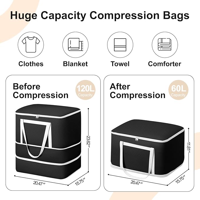 Comforter Storage Bag - 120L Bedding Storage Bags for Moving Closet, Washable Blanket Storage Bag, Ultra Space Saving Self Compression Organizer, 4-Pack, Black