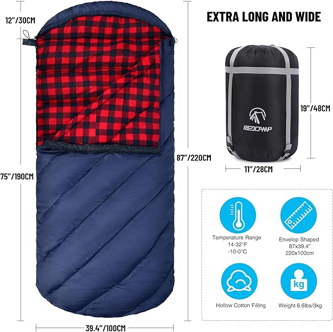 REDCAMP Flannel Sleeping Bag for Adults, Comfortable Cotton Envelope Sleeping Bags for Camping, Backpacking, Hiking, with Detachable Hood&Compression Sack, Blue/Red/Grey/Black