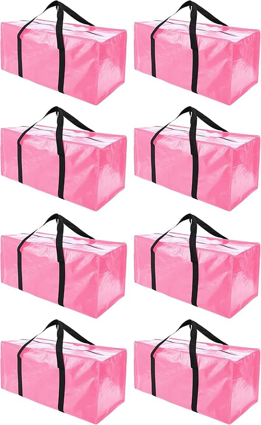 PANDA JOYS 8 Pack Extra Large Moving Bags with Zippers & Carrying Handles, Heavy-Duty Storage Tote for Space Saving Moving Storage, Fold Flat, Alternative to Box and Bin,Pink