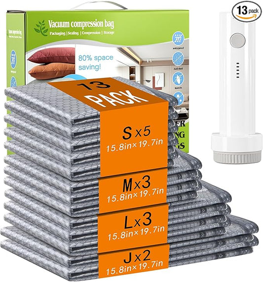 13 Pack Vacuum Seal Bags for Clothing Travel with Electric Pump, Space Saver Vacuum Storage Bags Sealed, Compression Packing Bags for Luggage, Blankets Clothes, Comforter (2 Jumbo+3 L+3 M+5 S)