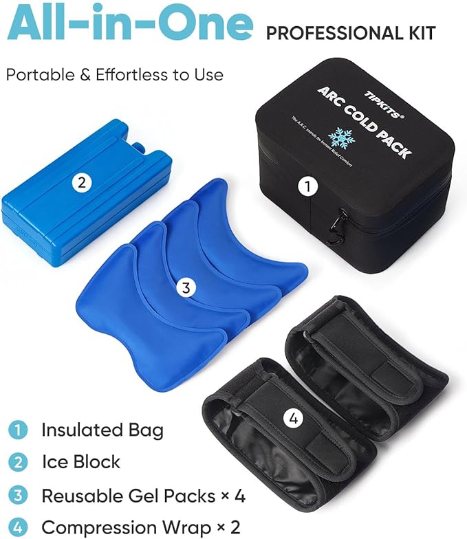 Instant Ice Packs for Injuries Reusable, 4+ Hours Long Lasting Cold Pack with 2 Hands-Free Wrap, All-in-1 Cold Compress Kit (4 Gel Packs, Ice Block, Cooler Bag) | Pain Relief for Sports, Ankle, Knee