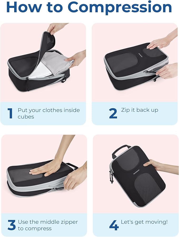 BAGSMART Compression Packing Cubes, 6 Set Packing Cubes for Suitcases, Lightweight Suitcases Organizers Bag Set & Compression Travel Cubes, Travel Essentials Packing Organizers Black