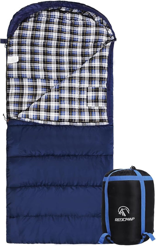 REDCAMP Flannel Sleeping Bag for Adults, Comfortable Cotton Envelope Sleeping Bags for Camping, Backpacking, Hiking, with Detachable Hood&Compression Sack, Blue/Red/Grey/Black