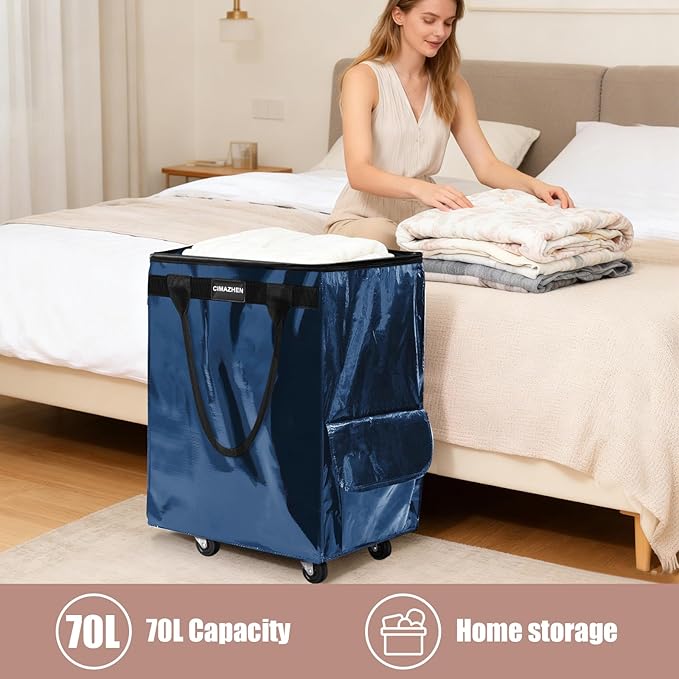 (Medium,Navy Blue) Reusable Grocery Bag on 4 Wheels, Foldable Rolling Tote Bag with 3 Handles and Zipper, Storage Organizer for Groceries, Rolling Shopping Cart for Travel, 76lb