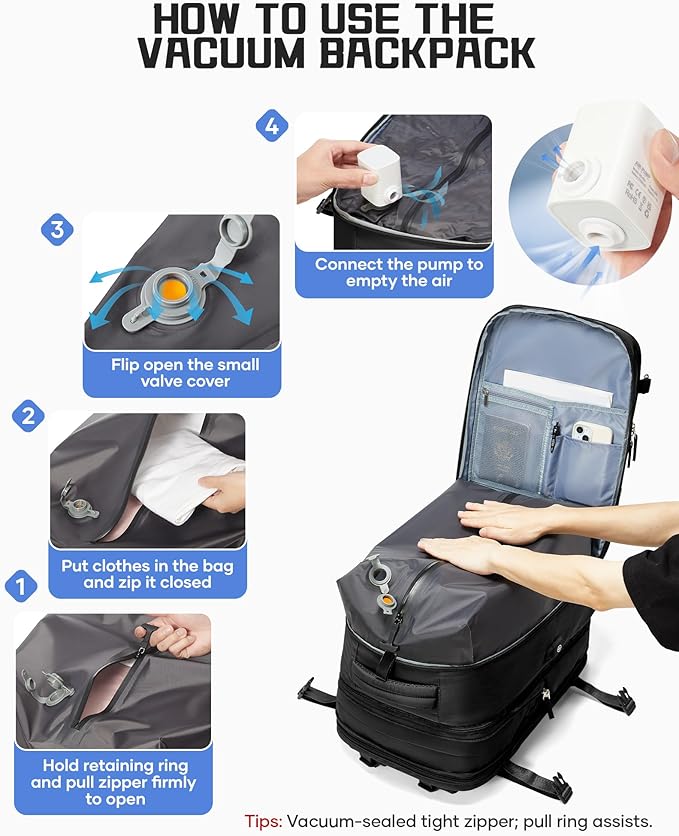 wepadre Vacuum Backpack Travel with Pump Travel Backpack with Vacuum System Expandable Vacpack Compression Backpacks for Travel Easy Vac Pack Carry on Luggage