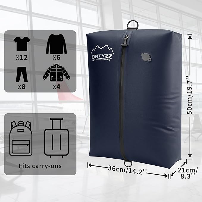 ONTYZZ Vacuum Bags for Travel, IPX8 Waterproof Space Saver Vacpack, GRS Certified Recycled Compression Bag (1PC, Drak Blue, NO Air Pump)