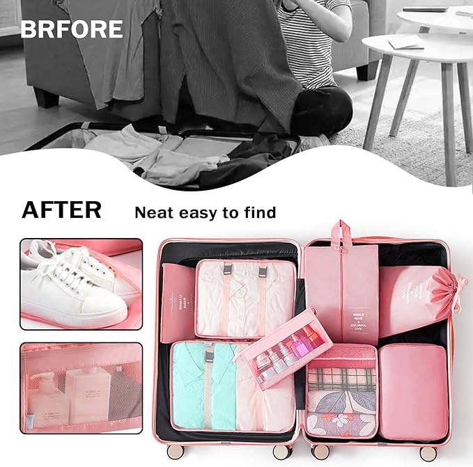 8 Set Packing Cubes for Suitcases, INVODA Travel Luggage Packing Organizers with Laundry Bag, Compression Storage Shoe Bag, Clothing Underwear Bag (Pink)
