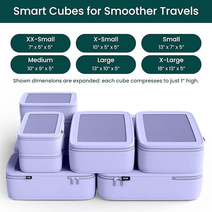 NOBL Travel Compressible Packing Cubes Set, 6 Pieces Travel Packing Organizers, Compression Luggage Cubes for Suitcases & Carry On, Space Saving (XXS, XS, S, M, L, XL) - Lavender