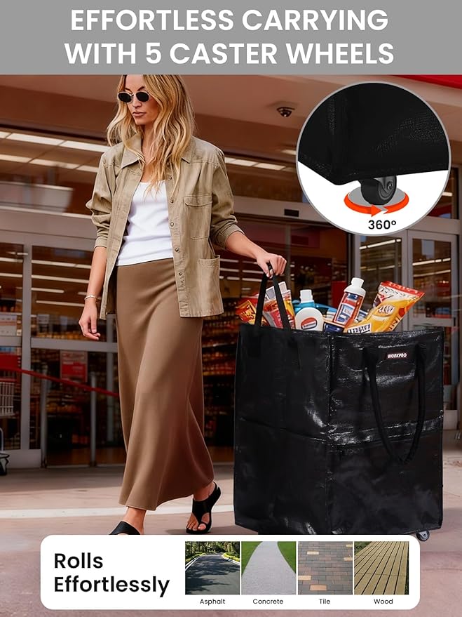 WORKPRO Large Rolling Grocery Bag, 36-Gallon Tote with 5 Wheels, 110 lbs Capacity, Dual Carry, Wide Zipper & Extra Storage for Shopping, Laundry & Moving