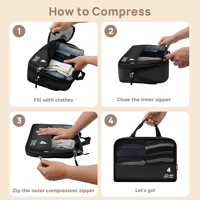 7 Set Compression Packing Cubes for Travel, Luggage Organizer Bags for Suitcases with Mesh Panels, Shoe Bag & Toiletry Bag for Carry On, Vacation & Cruise Essentials (Black)