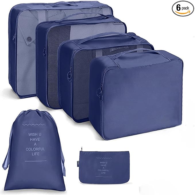 LANSKLBD 6 Set Packing Cubes for Travel, Luggage Organizers with Shoe & Toiletry Bags, Lightweight Suitcase Organizer for Carry-On, Washable Laundry Bags(Dark Blue)